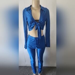 Blue Two-Piece Set With Ruched Pant And Tie Front Top Size XL